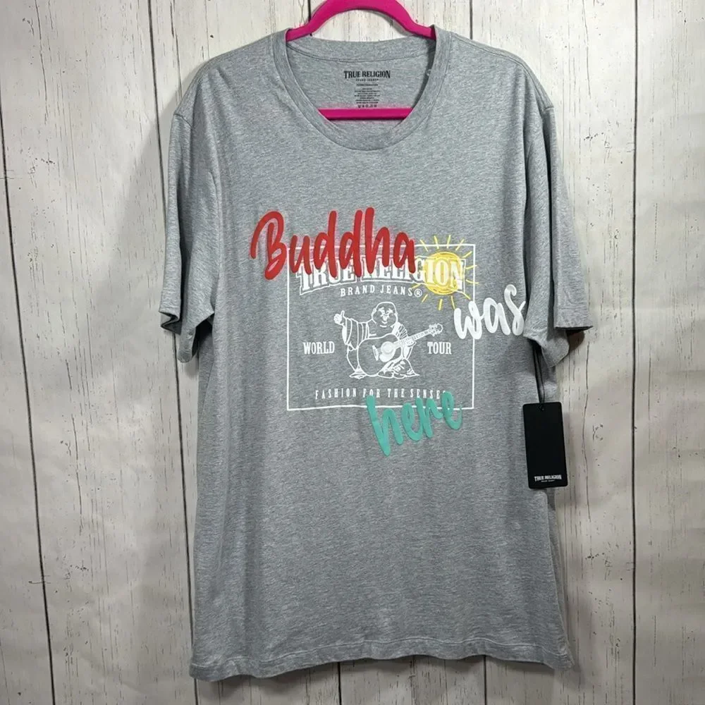 True Religion Buddha Was Here Graphic Tee Heather Gray Streetwear Skater XXL